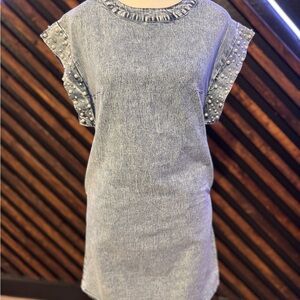 Denim Dress with Pearl Accents